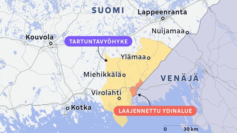 Kartta näyttää sikaruton takia perustetun tartuntavyöhykkeen, Virolahden, Miehikkälän ja Ylämaan alueella itärajalla. Eteläosassa on pieni ydinalue.