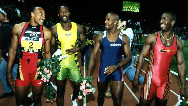 Frankie Fredericks, Linford Christie, Donovan Bailey ja Michael Johnson olivat pikajuoksun kirkkaimpia tähtiä 1990-luvulla. Kuva Berliinistä 1996.