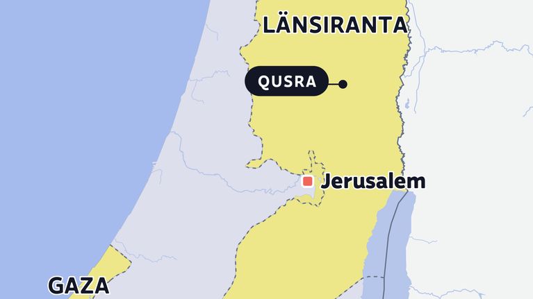 Karttakuva Lähi-idästä, jossa näkyvät Länsiranta, Gaza ja Israel. Lisäksi karttaan on merkitty Qusran kylä sekä Jerusalem.