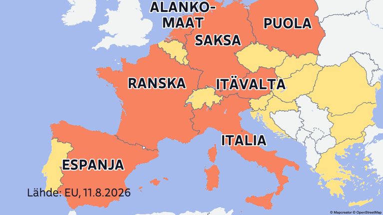 Kartta rajatarkastuksista Schengen-maissa, 11.8.2026.