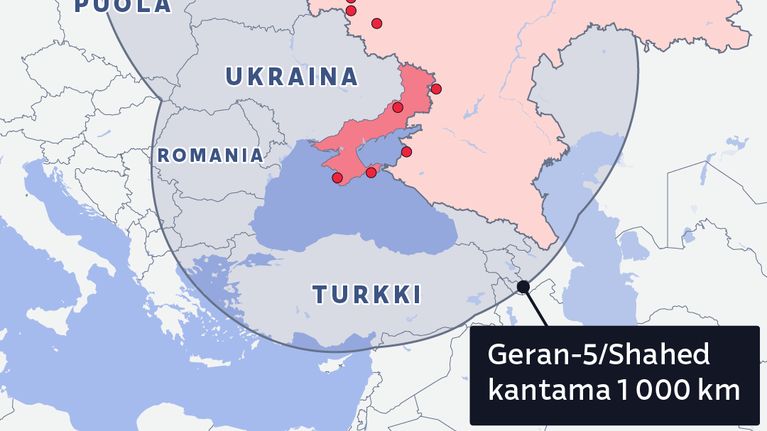 Kartalla Geran-5/Shahed droonien 1000 km:n kantama Venäjän länsiosista Eurooppaan päin.