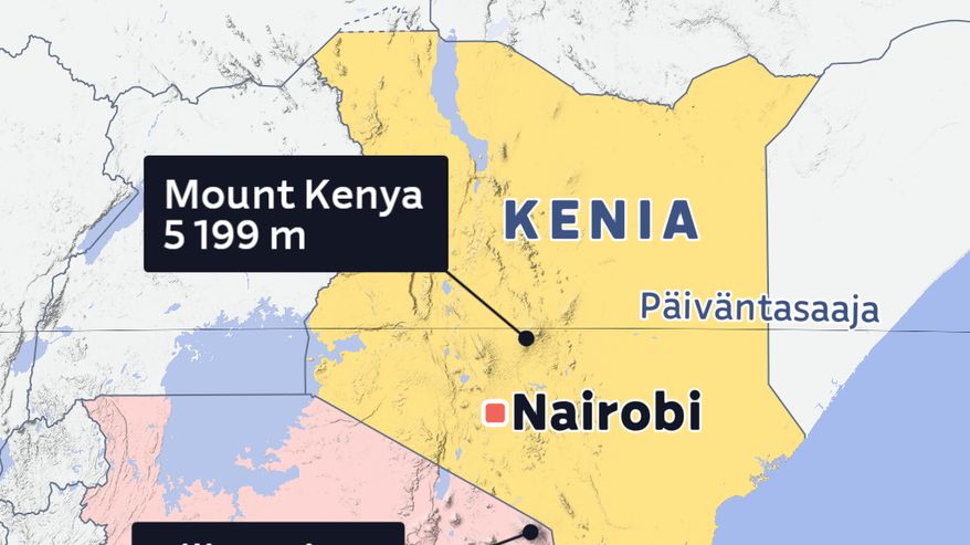 Kartalla Keniassa sijaitseva Mount Kenya vuori ja Tansaaniassa sijaitseva Kilimanjaro.