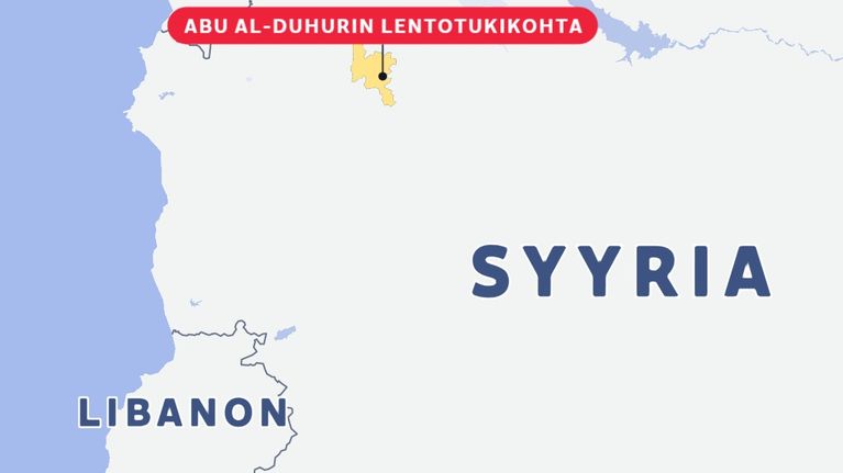 Karttakuva, jossa näkyvät Syyria, Turkki ja Libanon sekä Abu al-Duhurin lentotukikohta, Damasko ja Beirut.