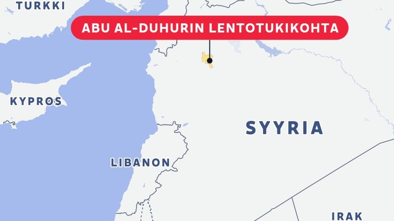 Karttakuva, jossa näkyvät Syyria, Turkki ja Libanon sekä Abu al-Duhurin lentotukikohta, Damasko ja Beirut.