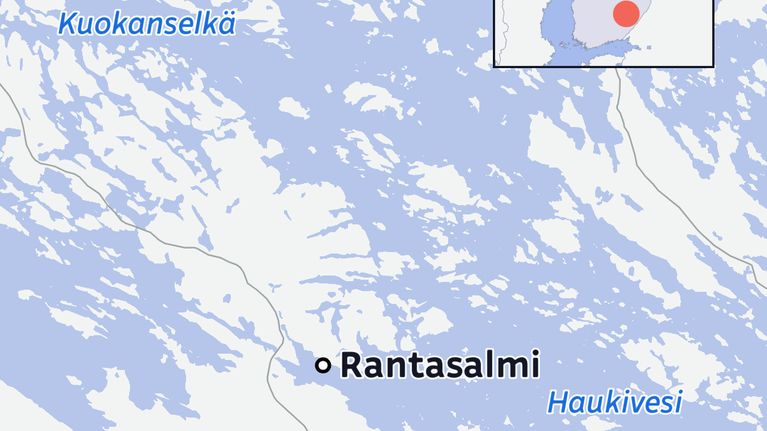 Kartta, jossa Rantasalmi, Kuokanselkä ja Haukivesi.