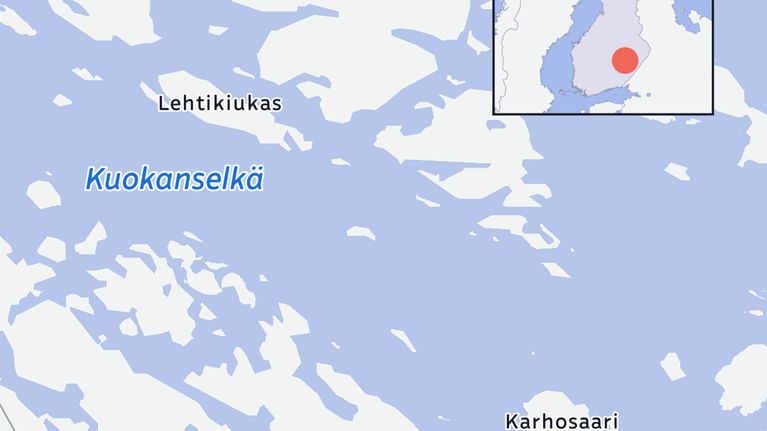 Kartta, jossa vesistöä ja kaksi saarta: Leihtikiukas ja Karhonsaari.