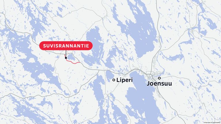 Karttakuva Pohjois-Karjalasta, jossa näkyvät Joensuu, Liperi sekä punaisella merkitty Suvisrannantie-teksti ja tie.