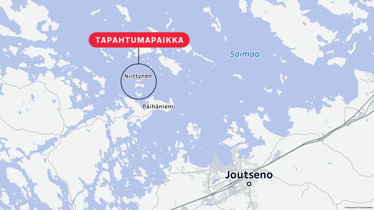 Karttakuva Joutsenon alueesta, jossa Saimaa, Niittynen ja Päihäniemi. Punainen laatikko, jossa lukee "TAPAHTUMAPAIKKA".