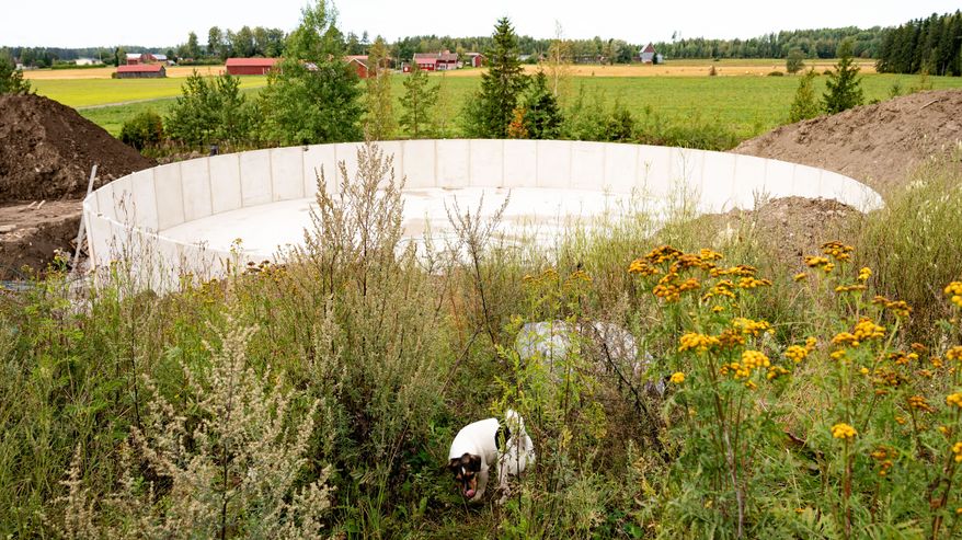 Pyöreän betonirakennelman ympärillä on villiintynyttä kasvillisuutta ja koira seisoo etualalla, taustalla peltoja ja taloja.