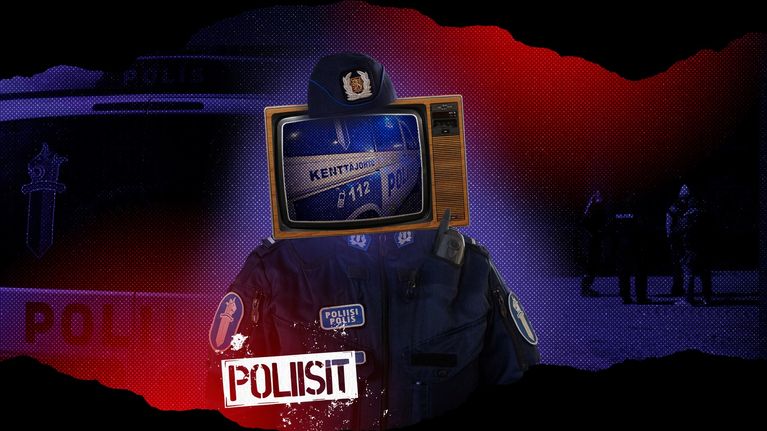 Poliisin univormuun pukeutunut hahmo, jonka pää on televisio, taustalla poliisiauto ja poliiseja, teksti "POLIISIT".