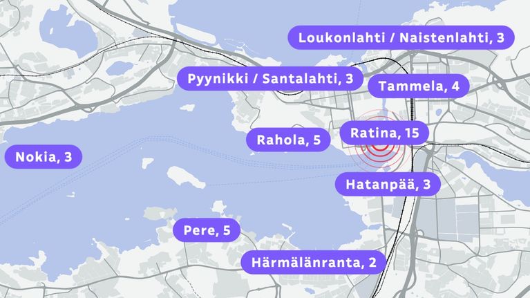 Karttakuva Tampereen alueesta, jossa on merkitty eri kaupunginosien nimet ja niistä tulleiden valitusten määrät violetilla.