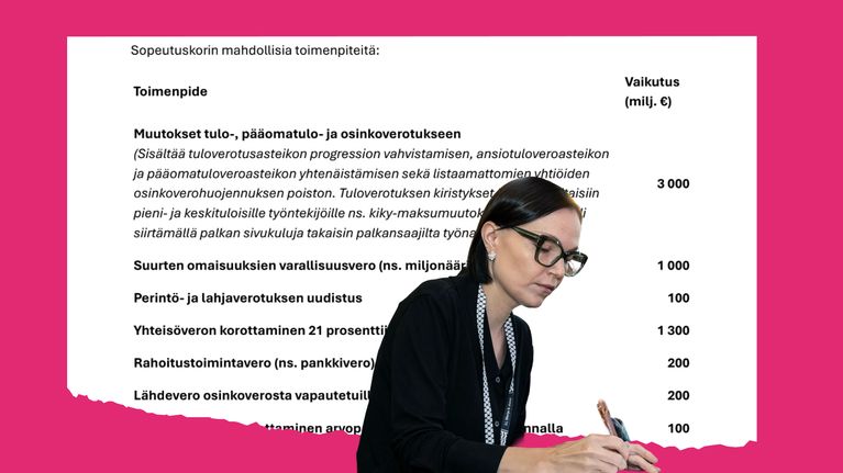 Kuvassa Vasemmistoliiton puheenjohtaja Minja Koskela ja taustalla revinnäinen Vasemmistoliiton sopeutumiskorin toimenpiteistä.