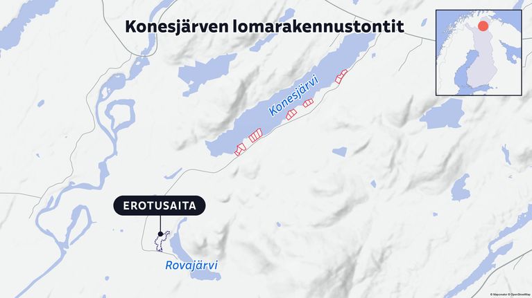Kartan keskellä Konesjärvi ja loma-rakennustontit, alhaalla Rovajärvi ja erotusaita, yläkulmassa Suomen kartta.
