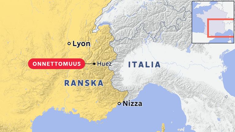 Karttaan merkitty punaisella laatikolla onnettomuus paikka Ranskan Huezissa.