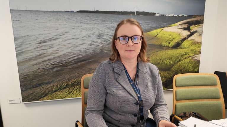 Nainen istuu pöydän ääressä kannettavan tietokoneen äärellä toimistossa, taustalla suuri valokuva merimaisemasta.