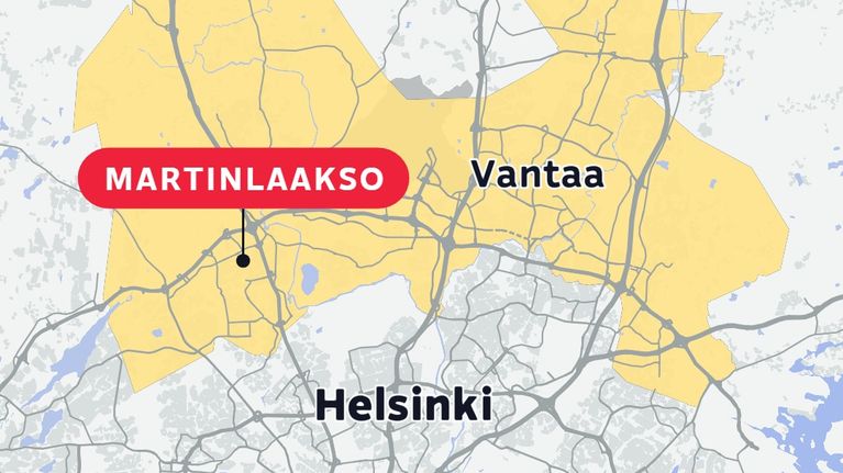 Karttaan merkitty punaisella osoittimella Martinlaakso, joka sijaitsee Vantaalla.