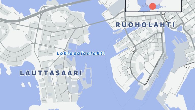 Karttakuva, jossa näkyvät Lauttasaari, Ruoholahti ja Länsisatama Helsingissä, sekä tekstinä alueiden nimet.