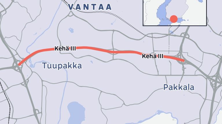 Kartta, jossa näkyy Kehä III -tie Vantaan alueella sekä sijaintia osoittava punainen pisteen Suomen kartalla.