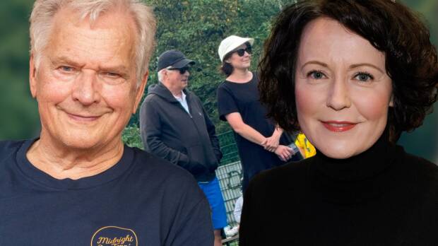 Arkistokuvissa Sauli Niinistö ja Jenni Haukio. Lukijan kuvassa Sauli ja Jenni seuraavat Aaro-poikansa jalkapallomasia.