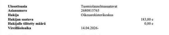 Amanda tuomittiin kokaiinikäryn jälkeen maksamaan 183 euroa päihdetutkimuksesta. Lasku on jäänyt maksamatta, ja nyt valtio yrittää saada omiaan takaisin ulosoton avulla.