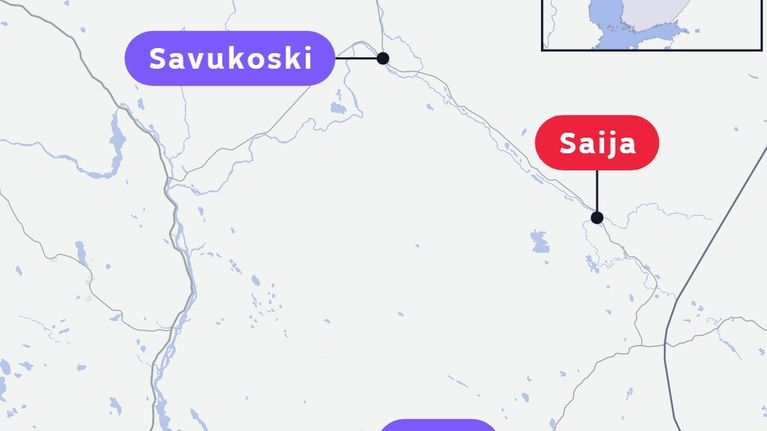 Kartta, jossa näkyvät Savukoski, Salla ja Saija.