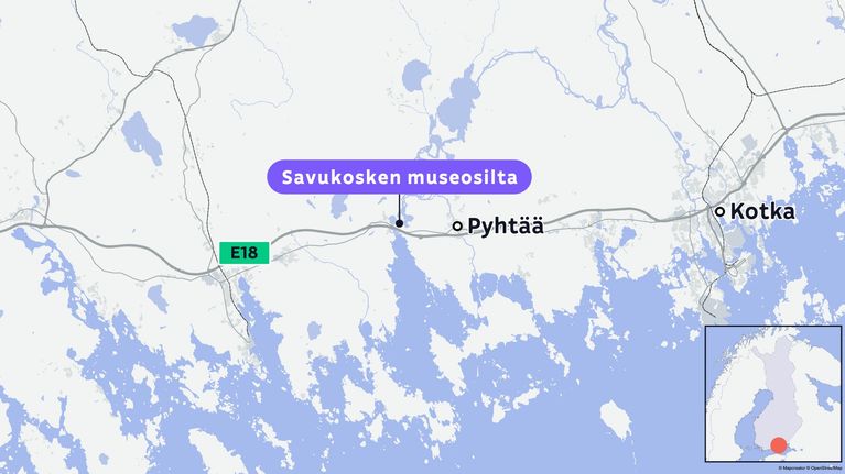 Karttakuva Kaakkois-Suomesta, jossa on merkitty Pyhtää, Kotka ja Savukosken museosilta. 