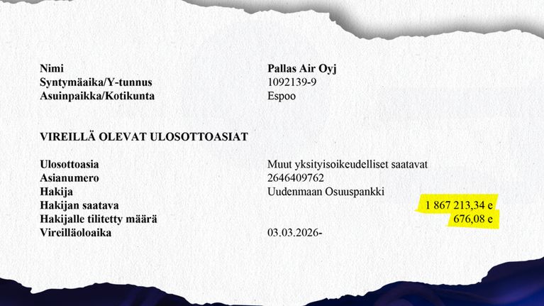 Todistus ulosottorekisteristä, jossa mainitaan Pallas Air Oyj ja ulosotossa oleva summa 1 867 213,34 € sekä 676,08 €.
