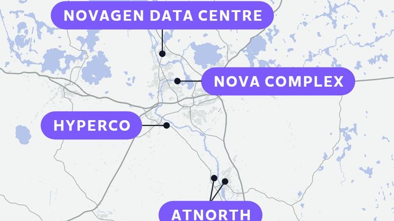 Karttakuva, jossa merkitty neljä datakeskussijaintia: Novagen Data Centre, Nova Complex, Hyperco ja Atnorth.