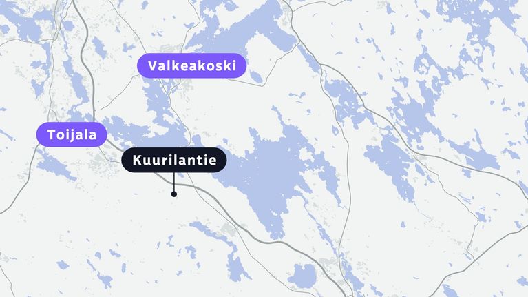 Kartta, jossa on merkitty Kuurilantie, Hämeenlinna, Valkeakoski ja Tampere, paikat esitetty värillisin laatikoin.