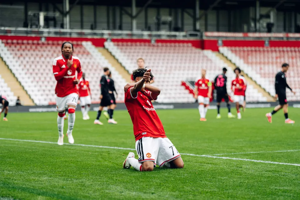 JJ Gabriel celebrates goal for Man United U19s