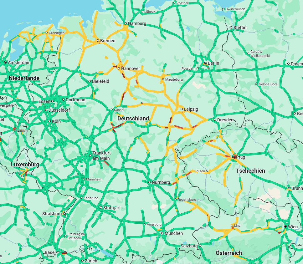 You can track the exact position of the winter storm over germany by checking Google Maps traffic data