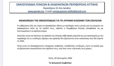 Ανακοίνωση της ομοσπονδίας γονέων για το κλείσιμο των σχολείων.