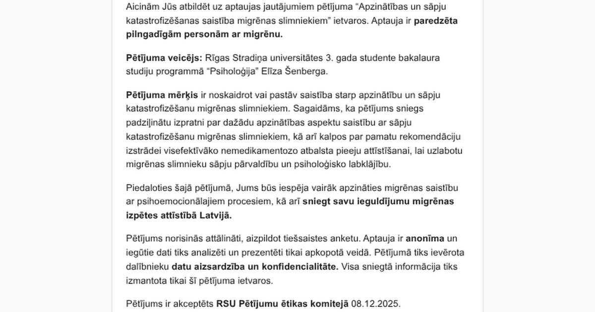 Aicinu piedalīties pētījumā par migrēnu!