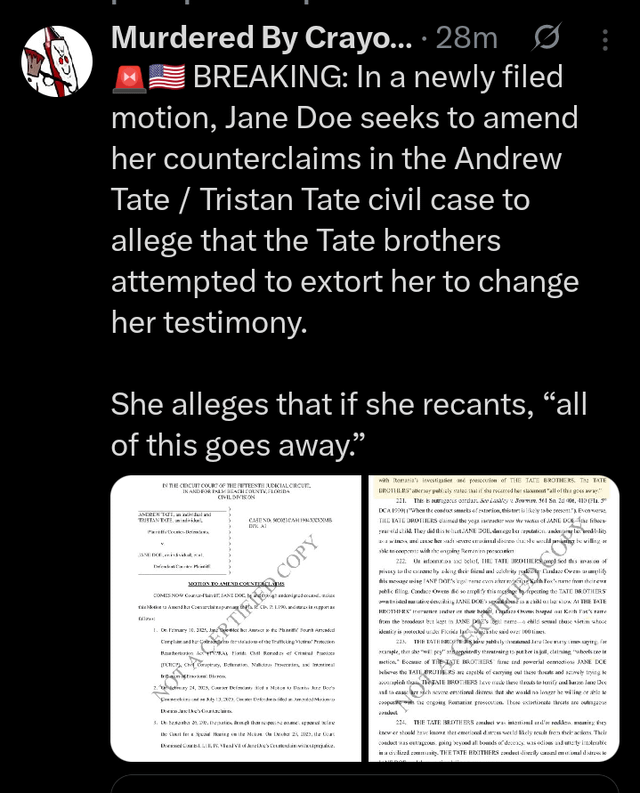 Procurorul de caz Profira Cezar le-a ridicat fraților Tate restricțiile de călătorie fără o decizie judecătorească știind că încearcă să șantazeze victima cetățean american să își retragă declarațiile.