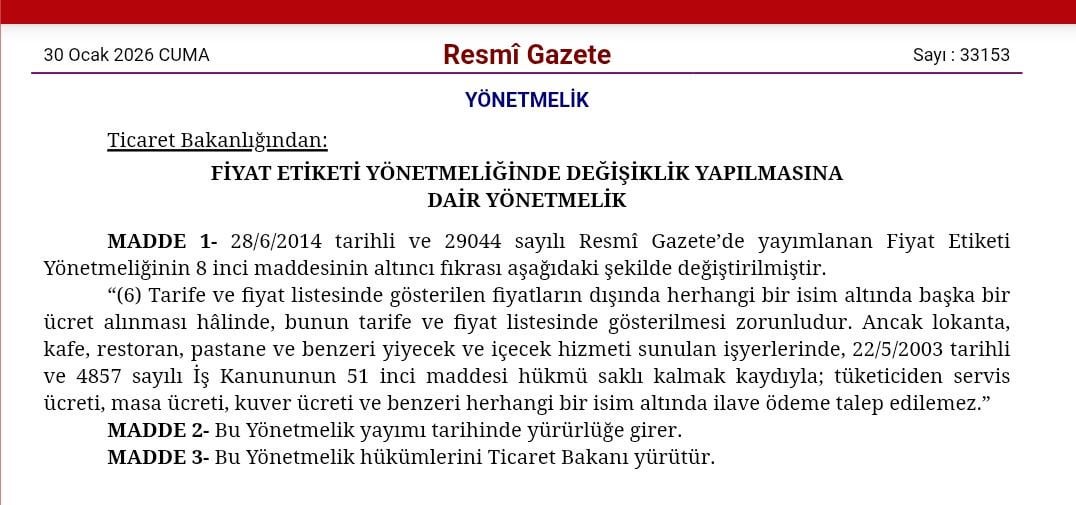 Restoranlarda kuver veya servis ücreti ismiyle ödeme alınması yasaklandı