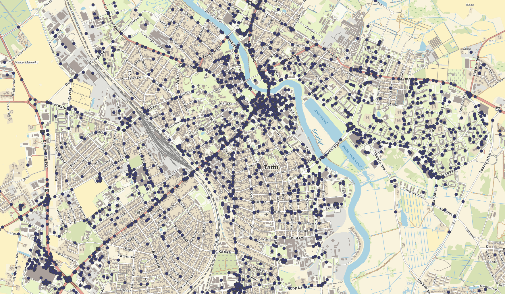 Tartu 2025 liikluskindlustusjuhtumite kaart.