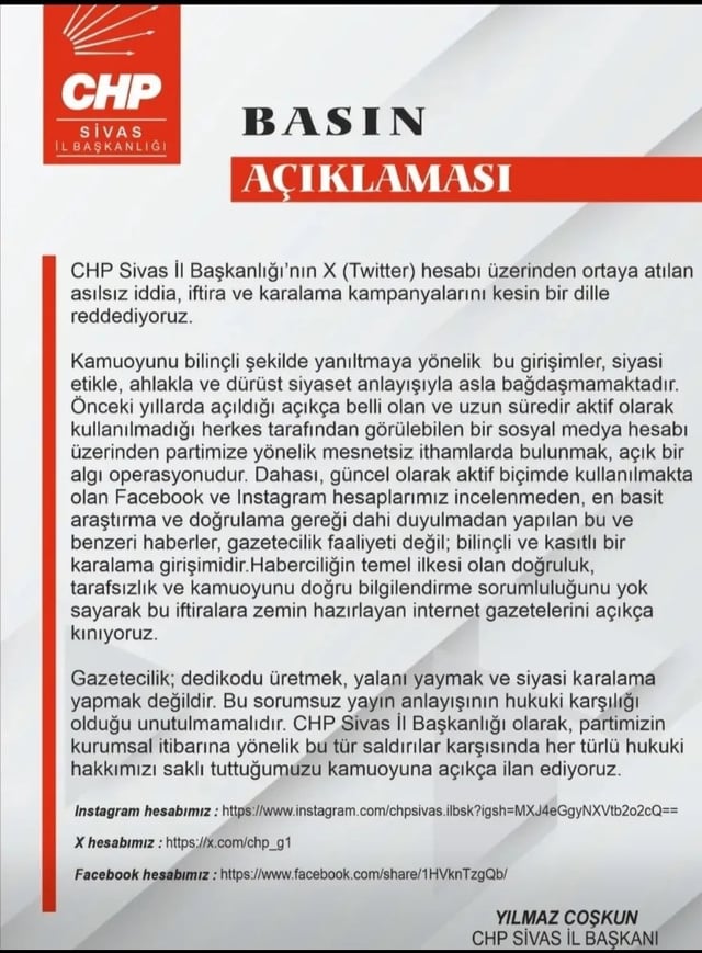 CHP Sivas il başkanlığını aktif kullanılmayan CHP il başkanlığı hesapları listesine ekleyen Gazeteci Yiğitcan Önal'ı kınamak için basın açıklaması yapan ve dava açmakla tehdit eden CHP Sivas İl başkanlığının twitter heasabının bu ay açıldığı(gün gözükmüyor) ve 15 takipçisi olduğu görüldü