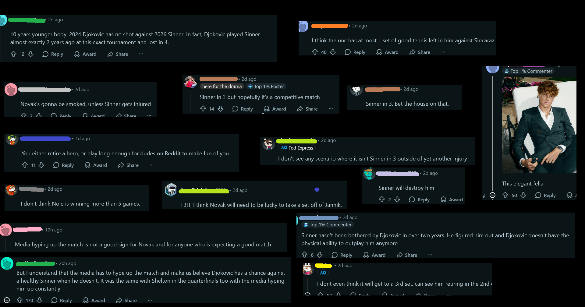 Predikcije ko će pobediti na /r/tennis dan pre meča Sinner-Djokovic