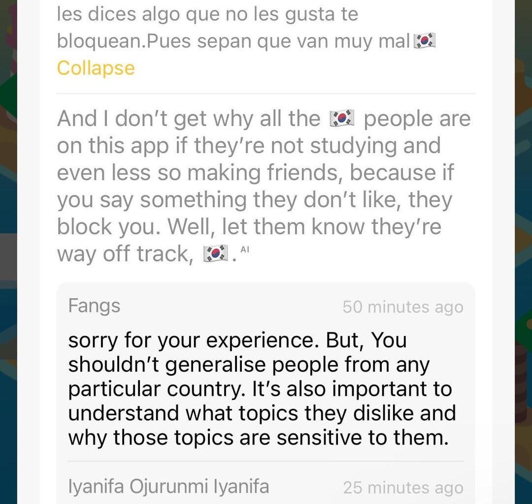 President of a Spanish NGO spreading mass xenophobia against Koreans on HelloTalk