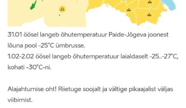 Keskkonnaagentuuri ilmahoitus eelolevateks öödeks.