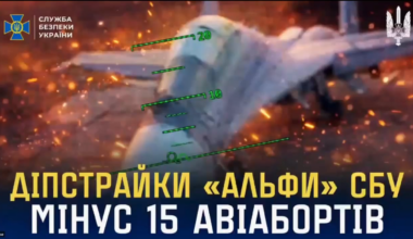 Security service of Ukraine conducted long-range drone strikes on five Russian military airfields deep in the rear. Targeting  15 aircraft: 11 fighters and bombers (Su-30SM, Su-34, Su-27, Su-24, MiG-31), three helicopters (Mi-28, Mi-26, Mi-8), and one transport aircraft (An-26).