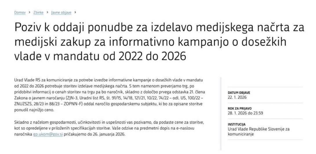 Poziv k oddaji ponudbe za izdelavo medijskega načrta za medijski zakup za informativno kampanjo o dosežkih vlade v mandatu od 2022 do 2026
