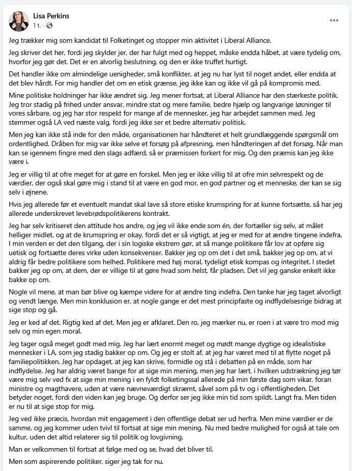 Lisa Perkins [Tidligere Folketingskandidat for Liberal Alliance] beskylder partiet for afpresning