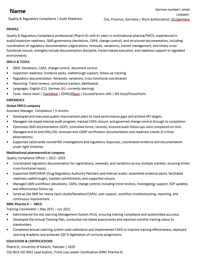 CV/Resume feedback needed - Pharma quality/compliance from a Germany/EU perspective