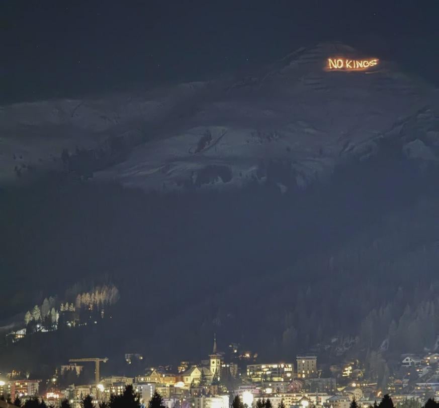 "No kings" above the World Economic Forum in Davos, Switzerland