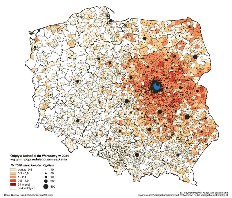 Wysysanie prowincji przez Warszawę - mapa 2024