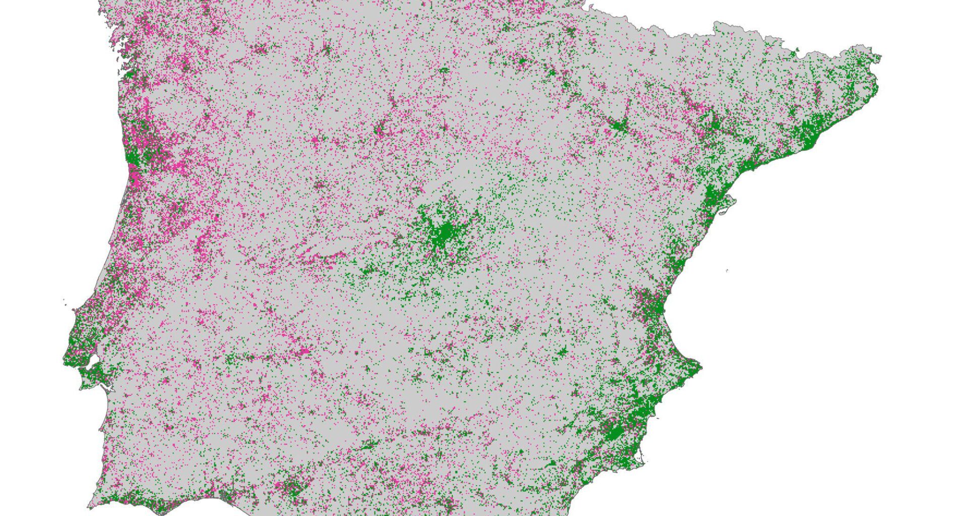 Cambio en la población de la peninsula ibérica en 25 años