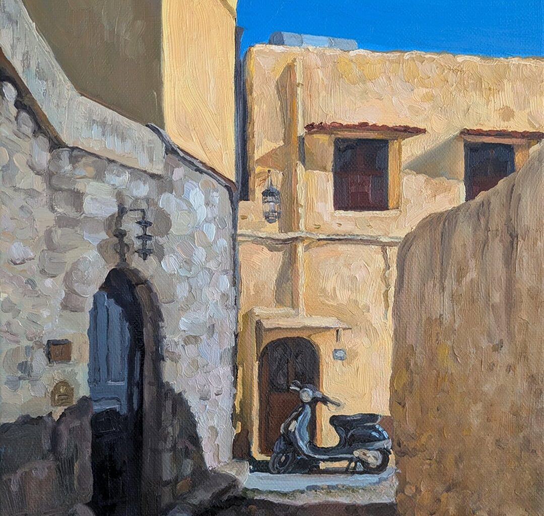 My oil painting of a scooter in sunny Rhodes, Greece