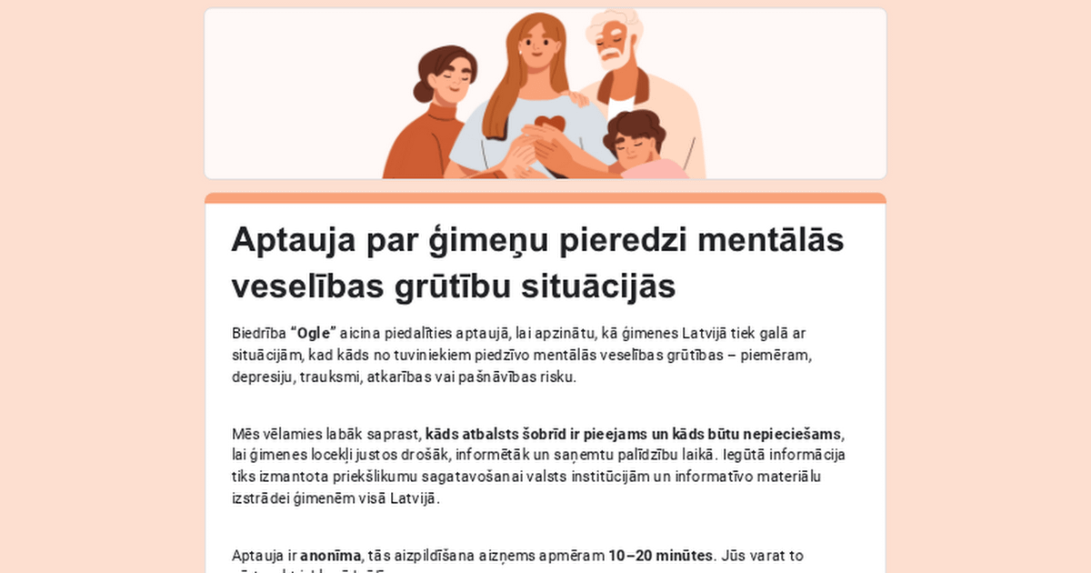 Aptauja par ģimeņu pieredzi mentālās veselības grūtību situācijās