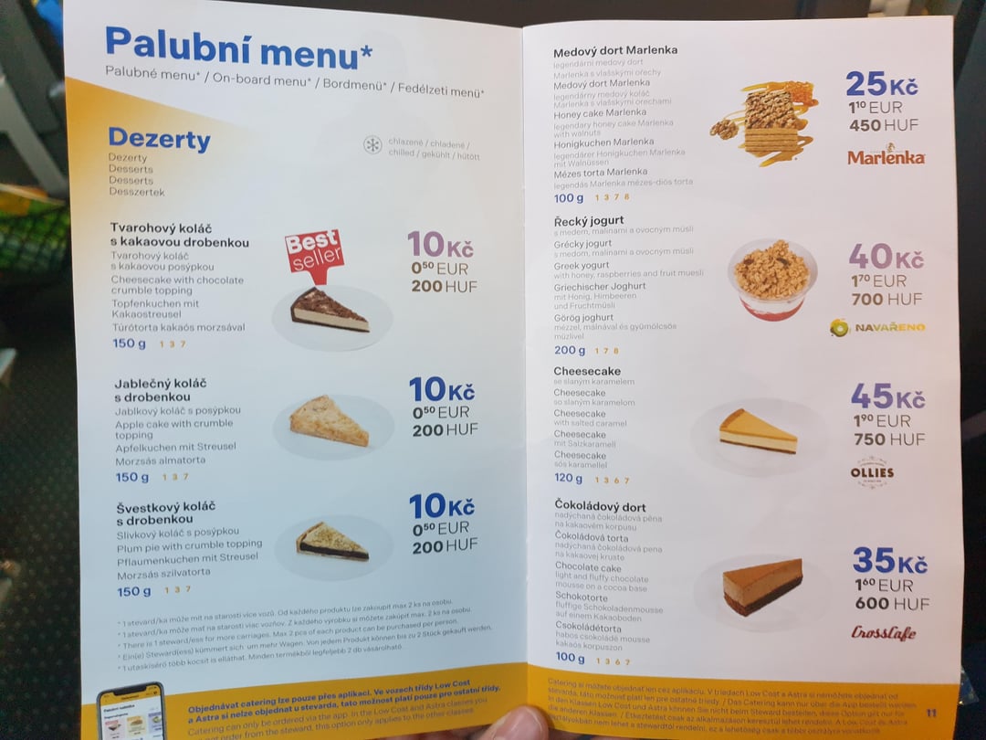 Egy cseh RegioJet vonattal utazok Bécsből Prágába, és ezek a fedélzeti ellátás árai